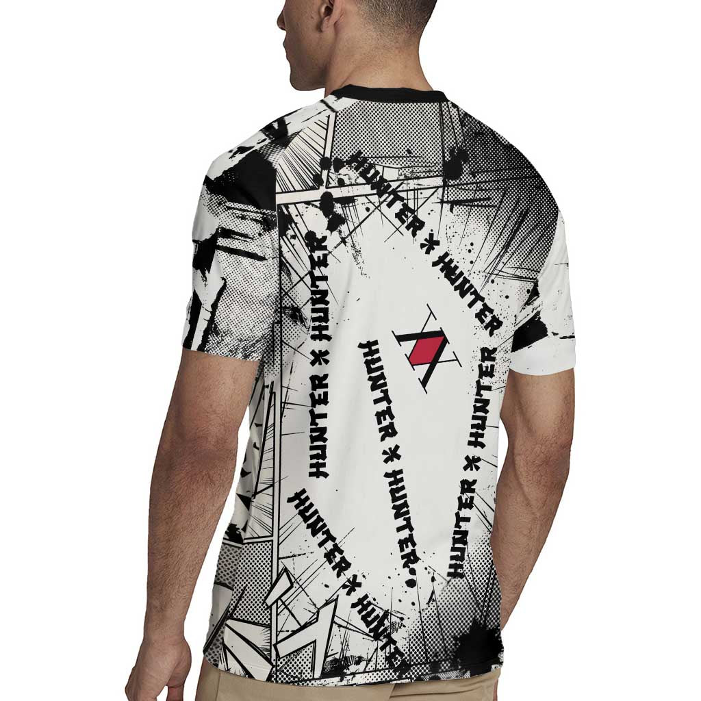 Killua Silva Illumi Team Design Rugby Jersey with Monochrome Graffiti Background and Hunter Association Symbols - The Mazicc