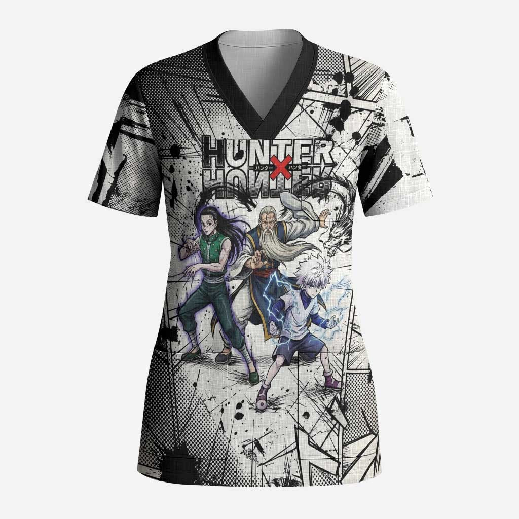 Killua Silva Illumi Team Design Scrub Top with Monochrome Graffiti Background and Hunter Association Symbols - The Mazicc