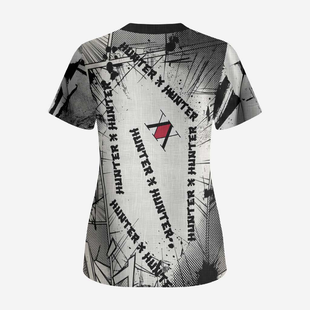 Killua Silva Illumi Team Design Scrub Top with Monochrome Graffiti Background and Hunter Association Symbols - The Mazicc