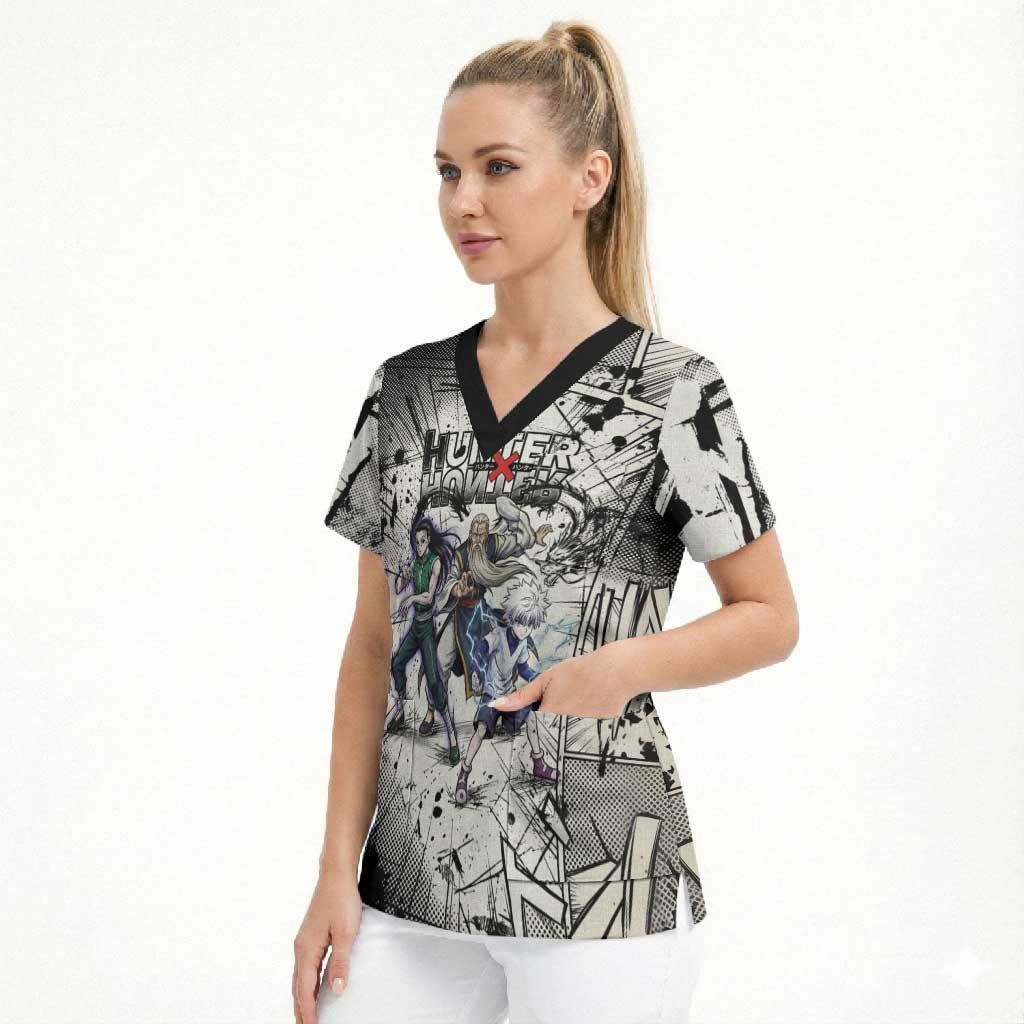 Killua Silva Illumi Team Design Scrub Top with Monochrome Graffiti Background and Hunter Association Symbols - The Mazicc