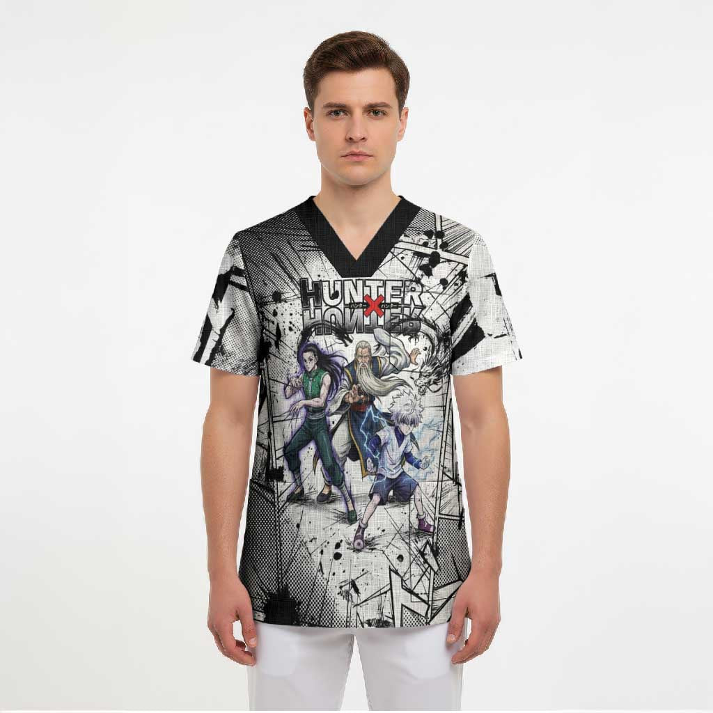 Killua Silva Illumi Team Design Scrub Top with Monochrome Graffiti Background and Hunter Association Symbols - The Mazicc