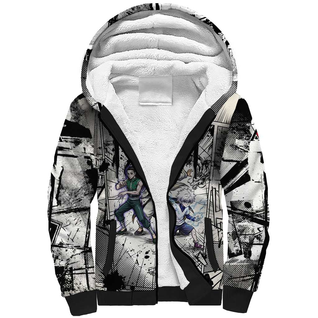 Killua Silva Illumi Team Design Sherpa Hoodie with Monochrome Graffiti Background and Hunter Association Symbols - The Mazicc