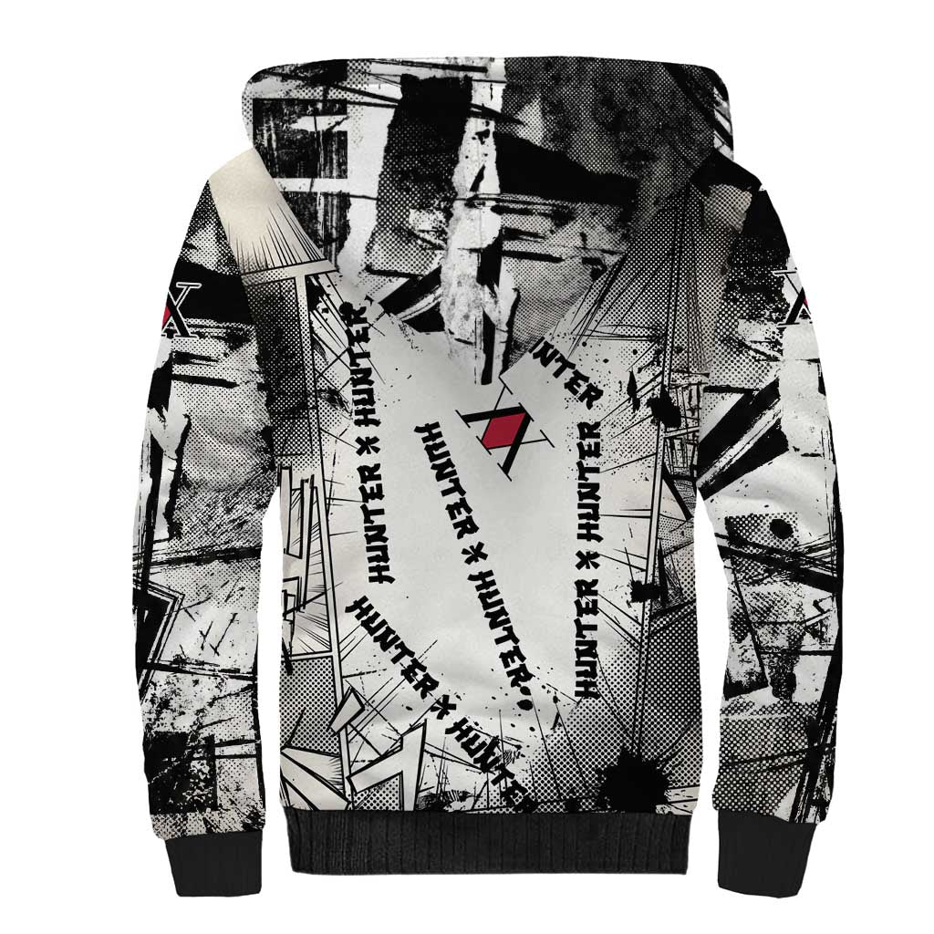 Killua Silva Illumi Team Design Sherpa Hoodie with Monochrome Graffiti Background and Hunter Association Symbols - The Mazicc