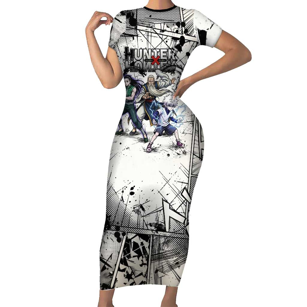 Killua Silva Illumi Team Design Short Sleeve Bodycon Dress with Monochrome Graffiti Background and Hunter Association Symbols - The Mazicc