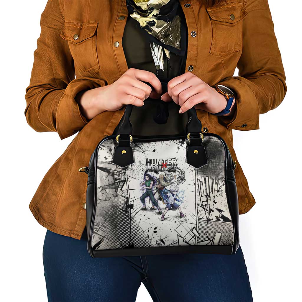Killua Silva Illumi Team Design Shoulder Handbag with Monochrome Graffiti Background and Hunter Association Symbols - The Mazicc