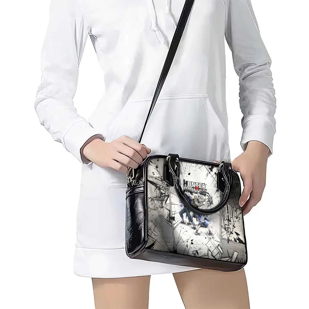 Killua Silva Illumi Team Design Shoulder Handbag with Monochrome Graffiti Background and Hunter Association Symbols - The Mazicc