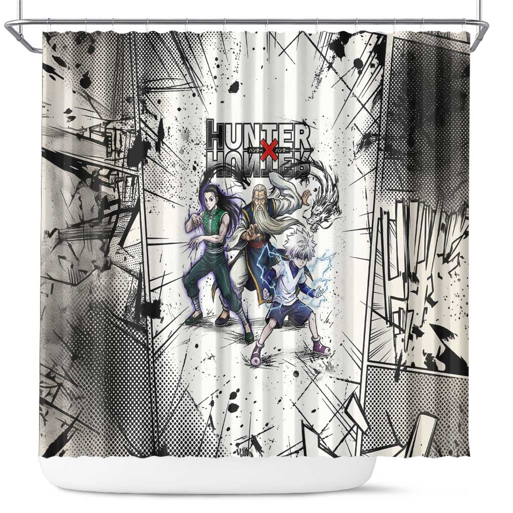 Killua Silva Illumi Team Design Shower Curtain with Monochrome Graffiti Background and Hunter Association Symbols - The Mazicc