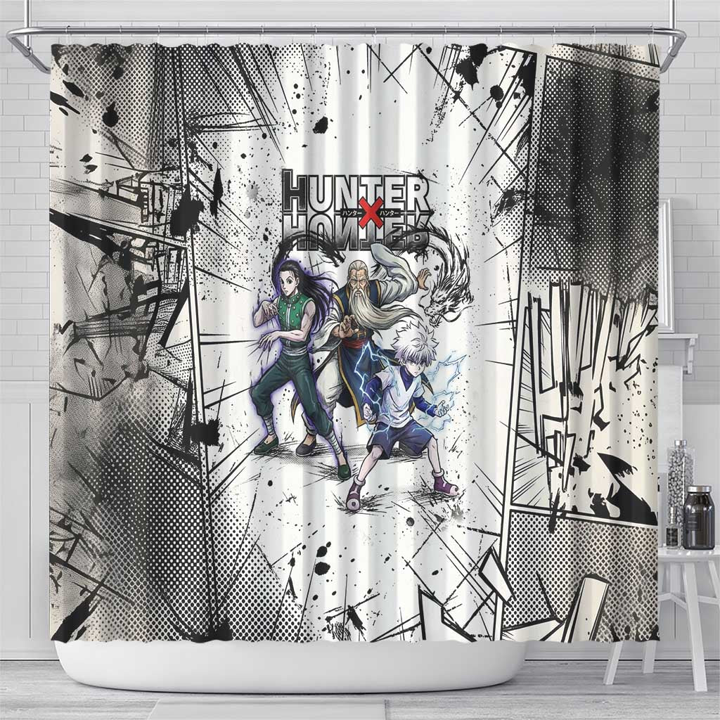 Killua Silva Illumi Team Design Shower Curtain with Monochrome Graffiti Background and Hunter Association Symbols - The Mazicc