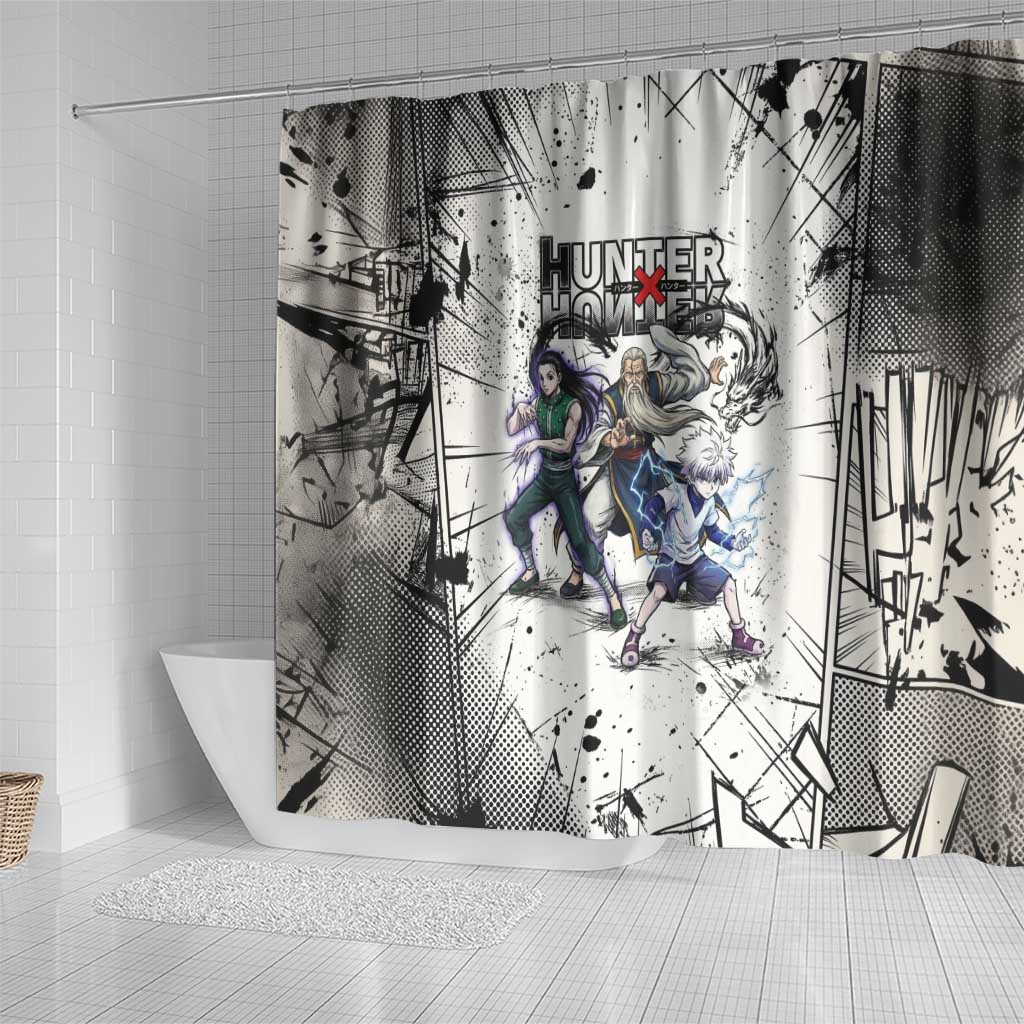 Killua Silva Illumi Team Design Shower Curtain with Monochrome Graffiti Background and Hunter Association Symbols - The Mazicc