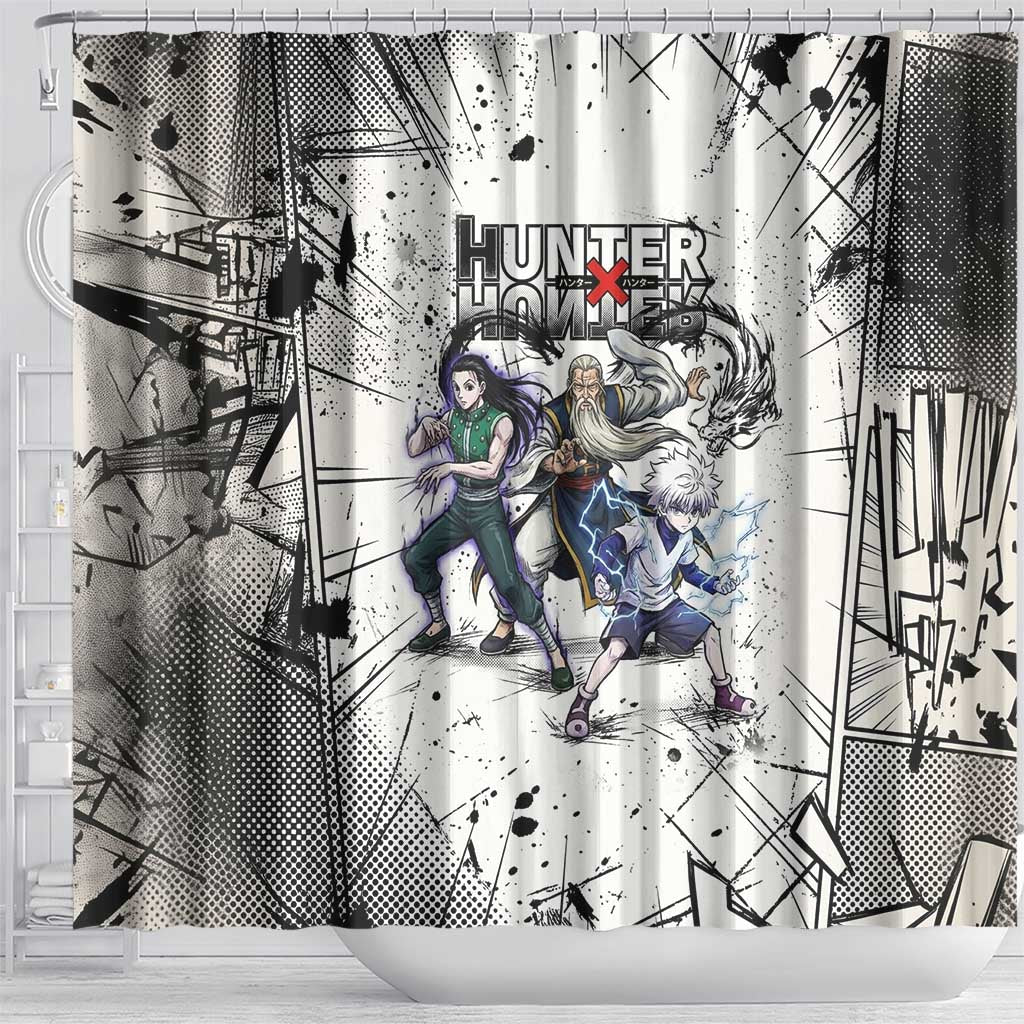Killua Silva Illumi Team Design Shower Curtain with Monochrome Graffiti Background and Hunter Association Symbols - The Mazicc