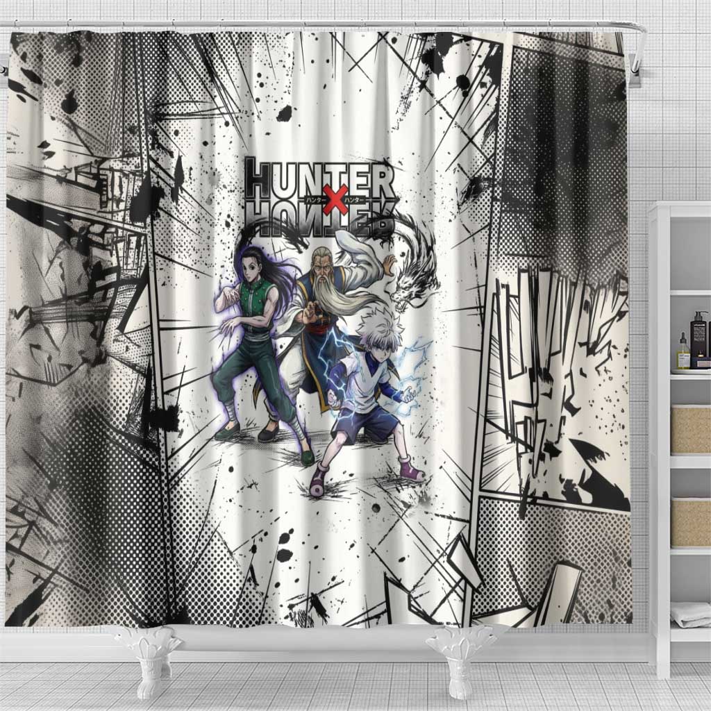 Killua Silva Illumi Team Design Shower Curtain with Monochrome Graffiti Background and Hunter Association Symbols - The Mazicc
