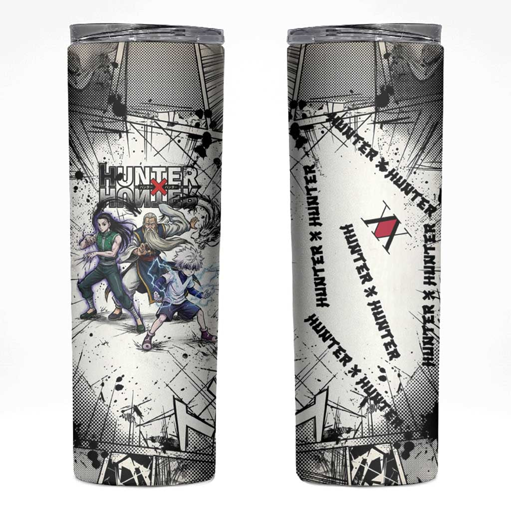 Killua Silva Illumi Team Design Skinny Tumbler with Monochrome Graffiti Background and Hunter Association Symbols - The Mazicc