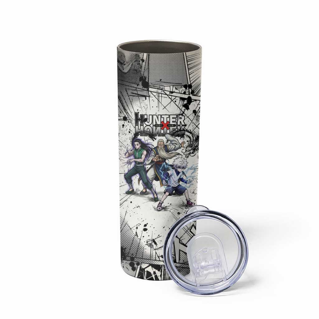 Killua Silva Illumi Team Design Skinny Tumbler with Monochrome Graffiti Background and Hunter Association Symbols - The Mazicc