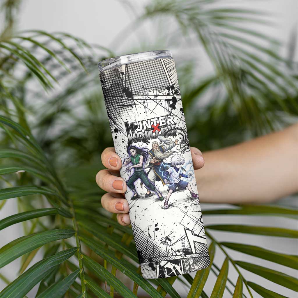 Killua Silva Illumi Team Design Skinny Tumbler with Monochrome Graffiti Background and Hunter Association Symbols - The Mazicc
