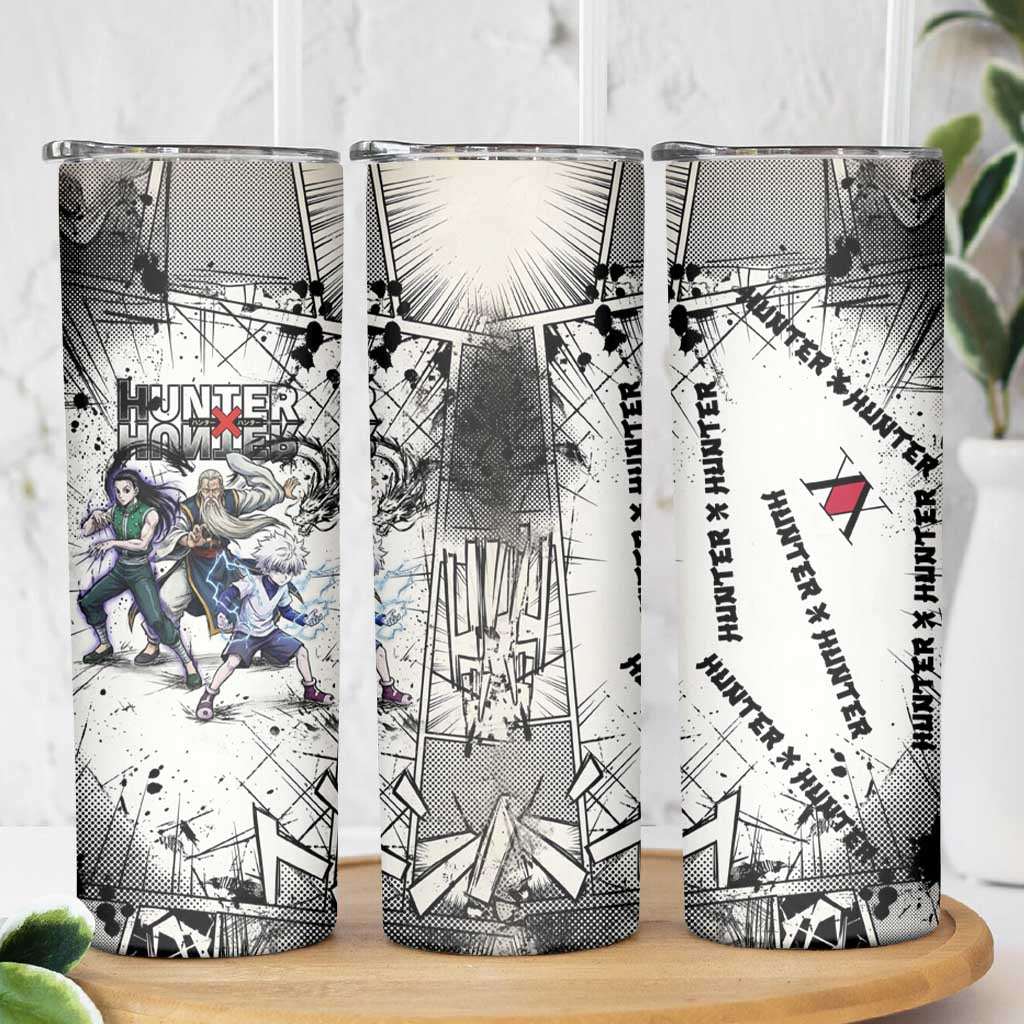 Killua Silva Illumi Team Design Skinny Tumbler with Monochrome Graffiti Background and Hunter Association Symbols - The Mazicc