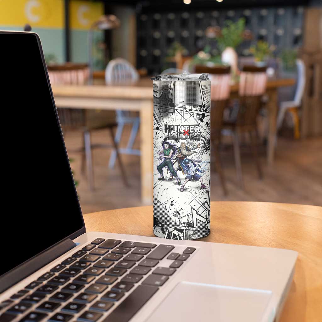 Killua Silva Illumi Team Design Skinny Tumbler with Monochrome Graffiti Background and Hunter Association Symbols - The Mazicc