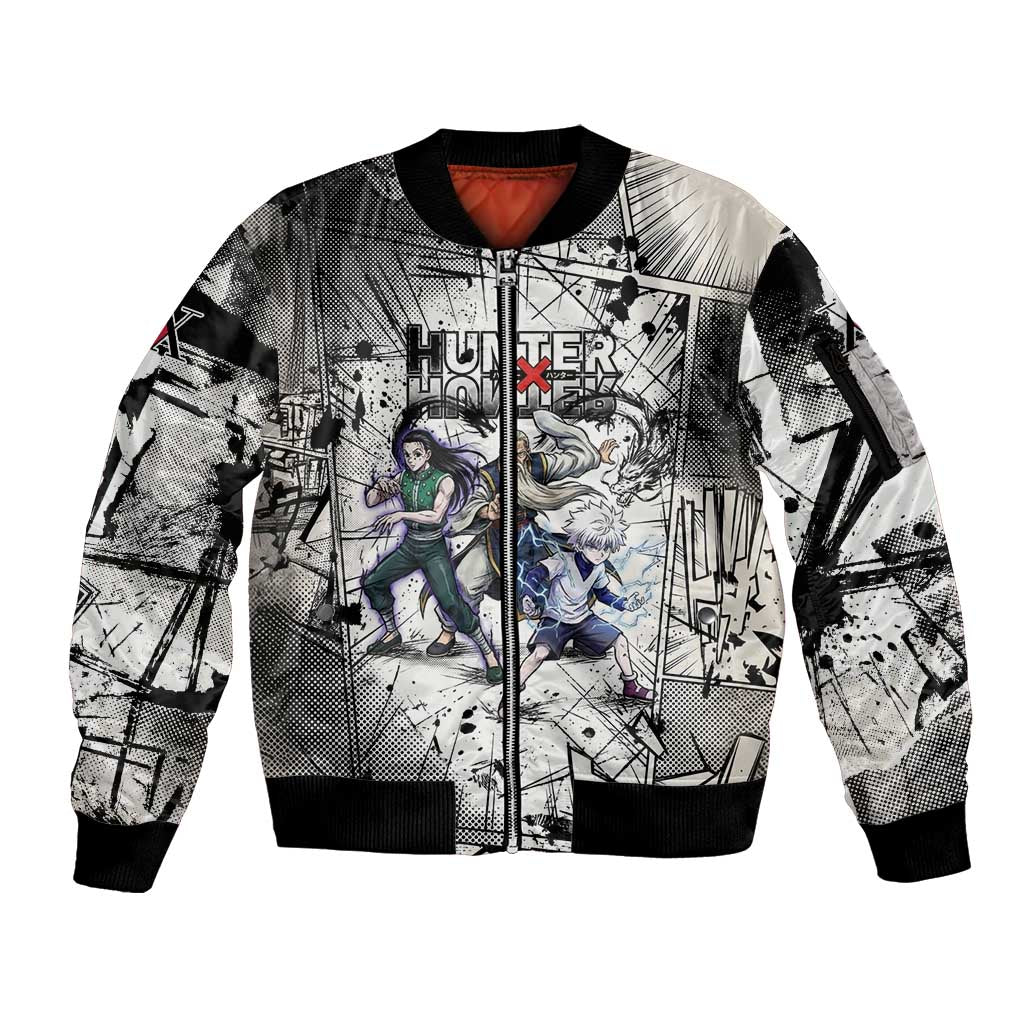 Killua Silva Illumi Team Design Sleeve Zip Bomber Jacket with Monochrome Graffiti Background and Hunter Association Symbols - The Mazicc