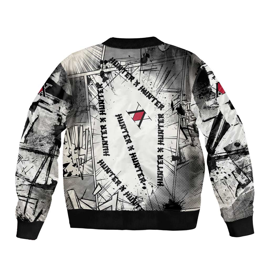 Killua Silva Illumi Team Design Sleeve Zip Bomber Jacket with Monochrome Graffiti Background and Hunter Association Symbols - The Mazicc