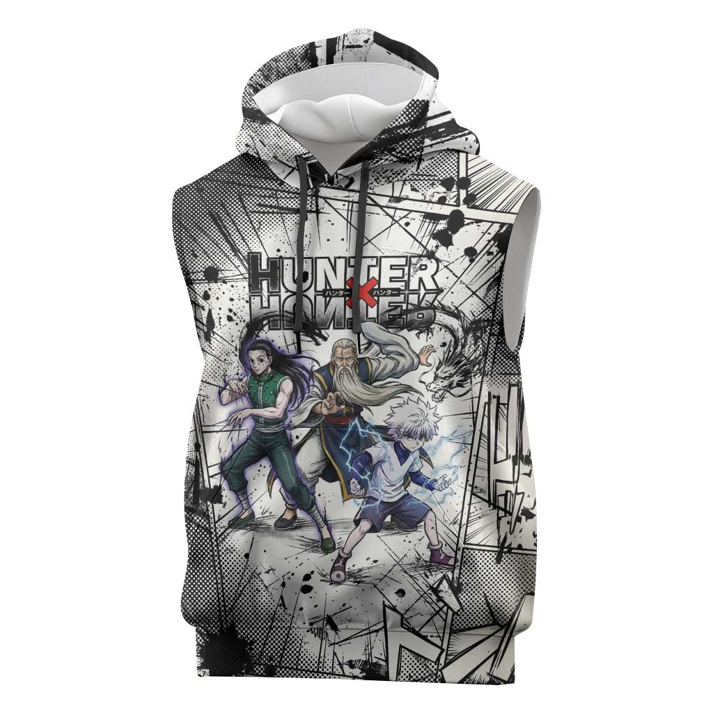 Killua Silva Illumi Team Design Sleeveless Hoodie with Monochrome Graffiti Background and Hunter Association Symbols - The Mazicc