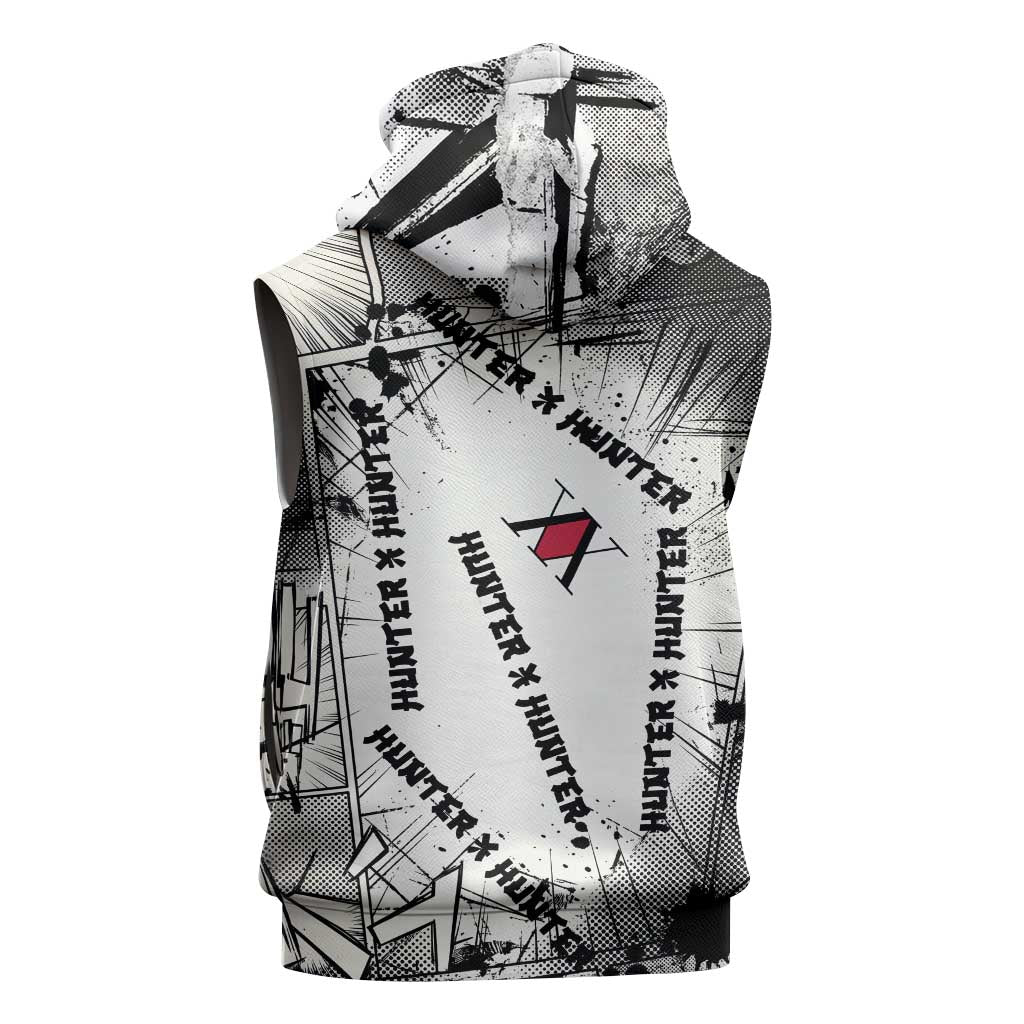 Killua Silva Illumi Team Design Sleeveless Hoodie with Monochrome Graffiti Background and Hunter Association Symbols - The Mazicc