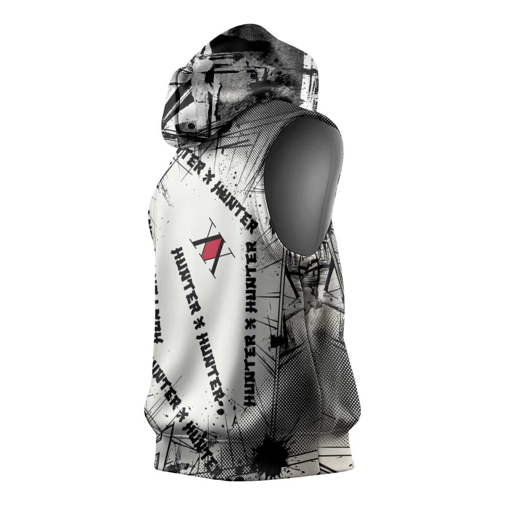 Killua Silva Illumi Team Design Sleeveless Hoodie with Monochrome Graffiti Background and Hunter Association Symbols - The Mazicc