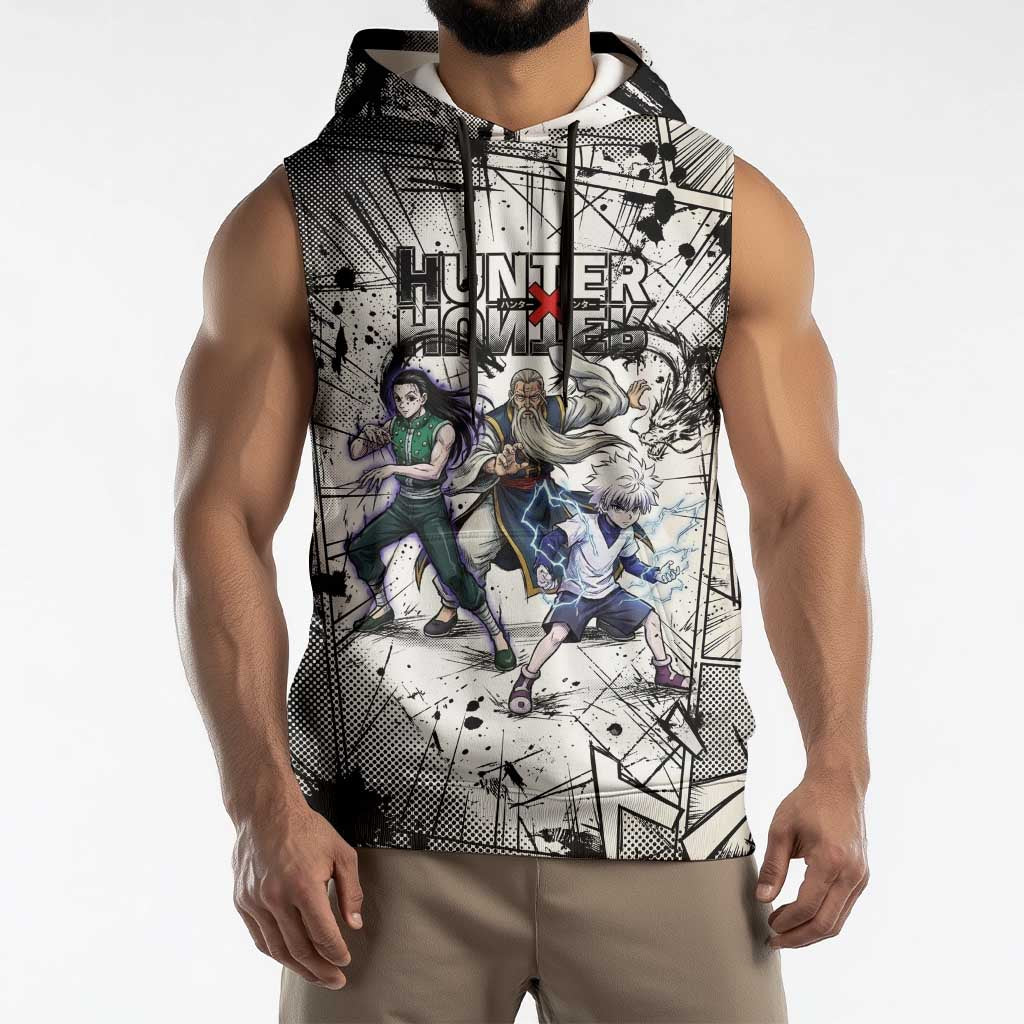 Killua Silva Illumi Team Design Sleeveless Hoodie with Monochrome Graffiti Background and Hunter Association Symbols - The Mazicc