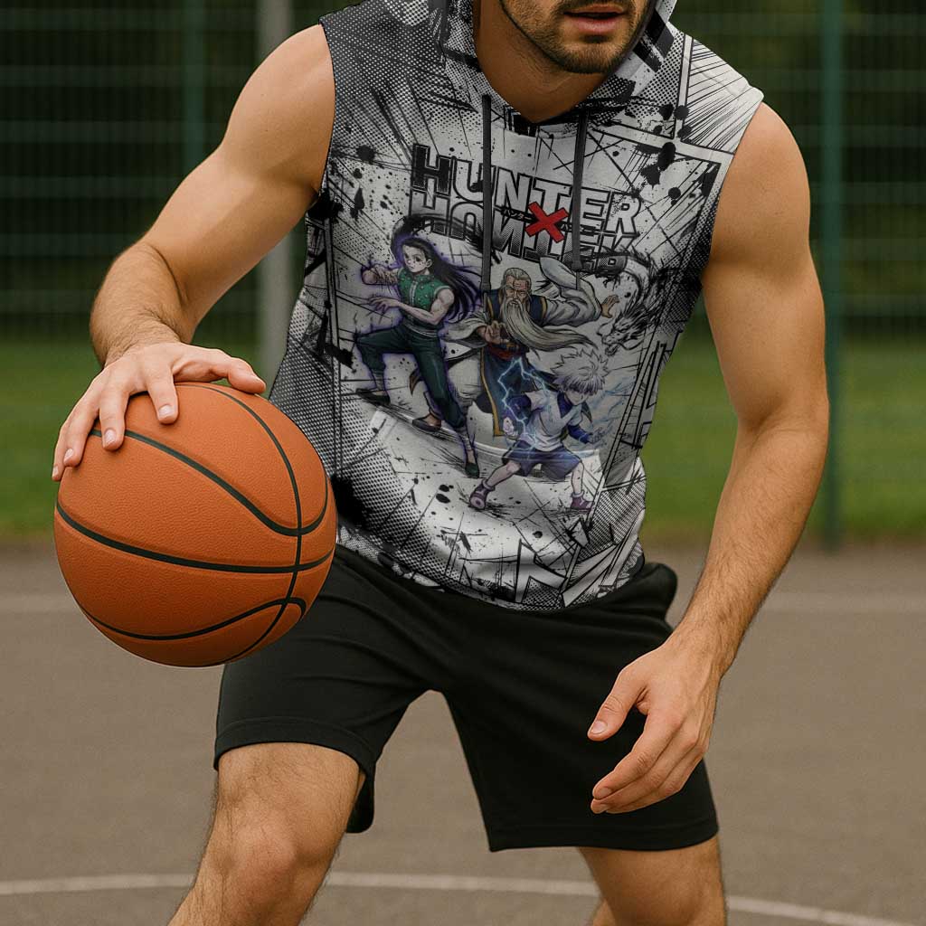 Killua Silva Illumi Team Design Sleeveless Hoodie with Monochrome Graffiti Background and Hunter Association Symbols - The Mazicc