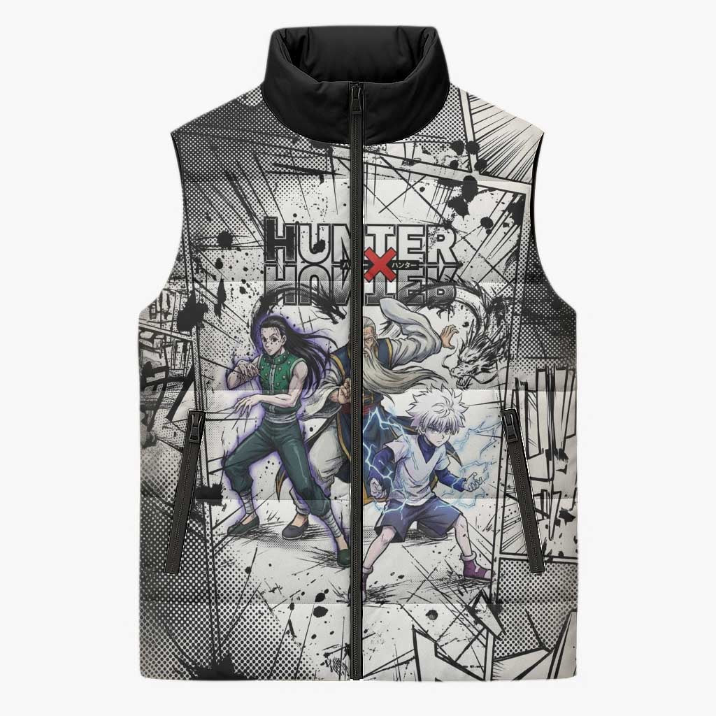 Killua Silva Illumi Team Design Sleeveless Puffer Jacket with Monochrome Graffiti Background and Hunter Association Symbols - The Mazicc
