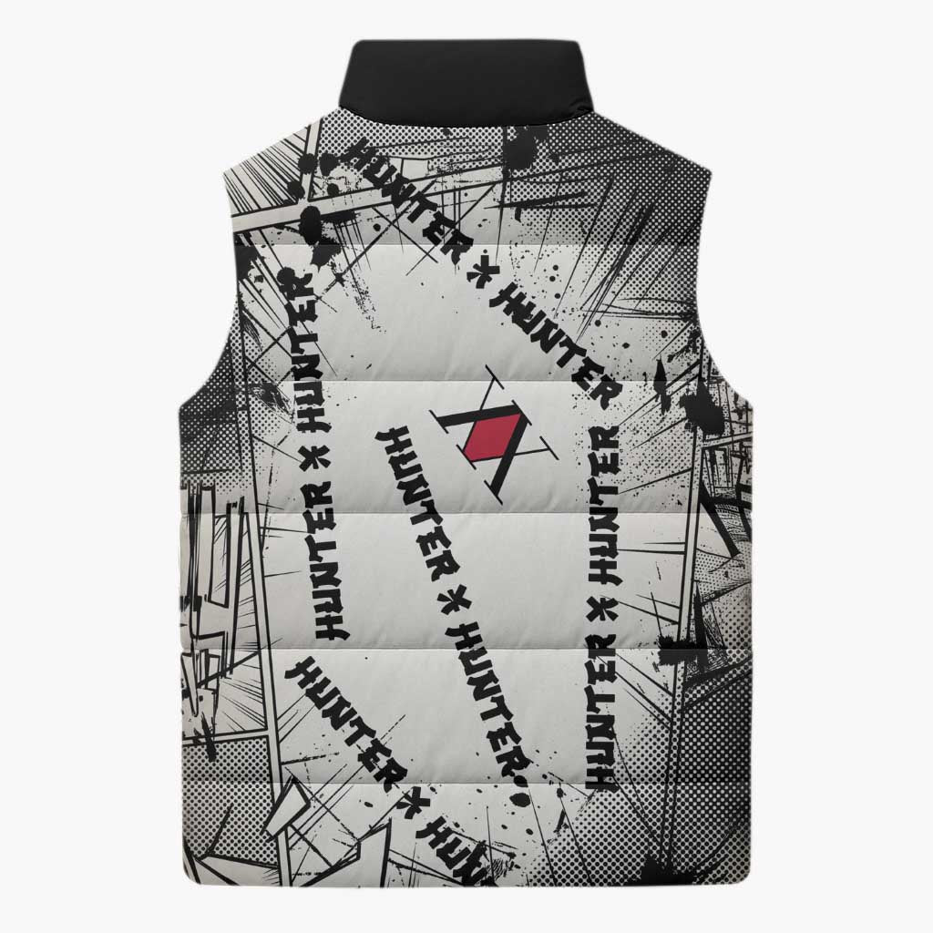 Killua Silva Illumi Team Design Sleeveless Puffer Jacket with Monochrome Graffiti Background and Hunter Association Symbols - The Mazicc