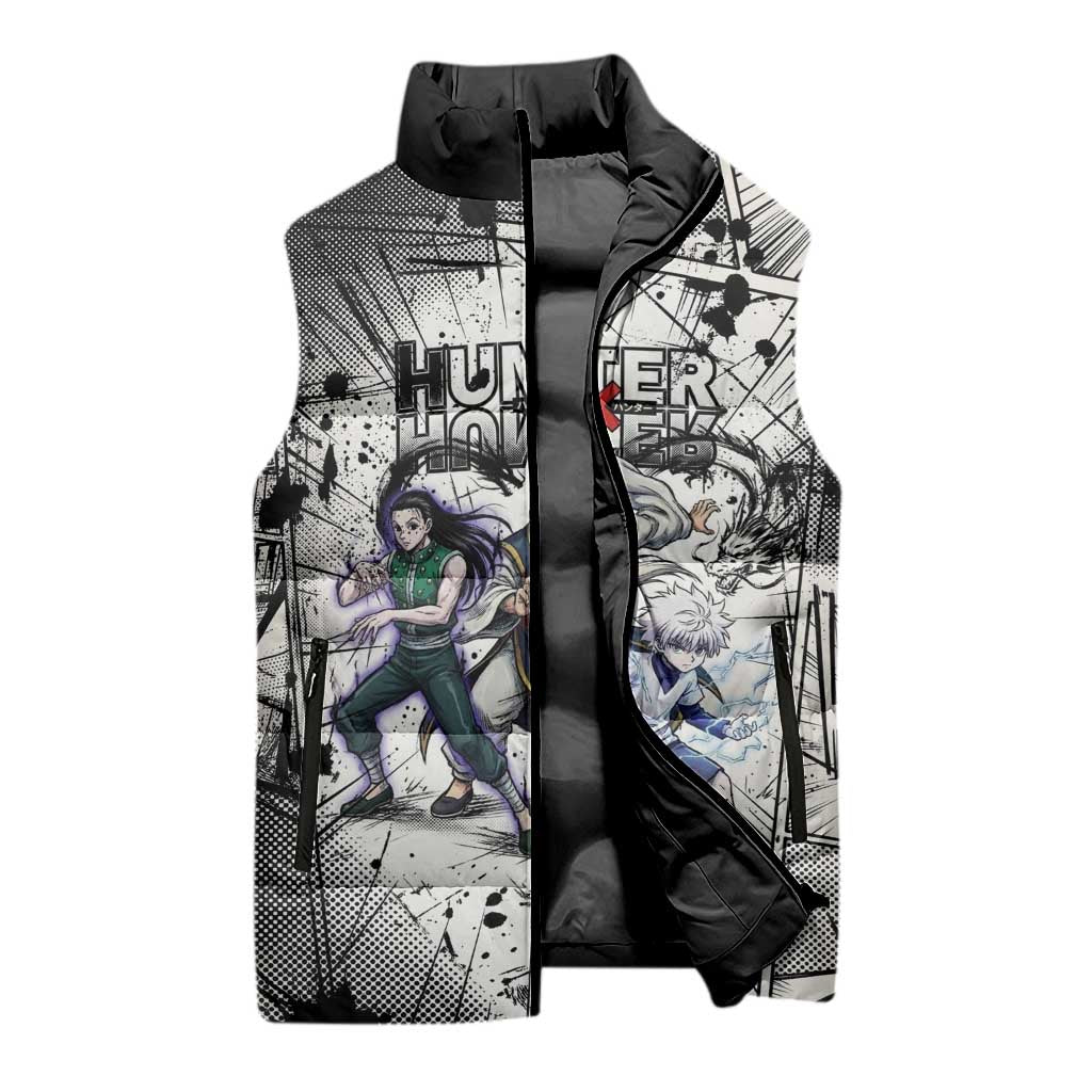 Killua Silva Illumi Team Design Sleeveless Puffer Jacket with Monochrome Graffiti Background and Hunter Association Symbols - The Mazicc