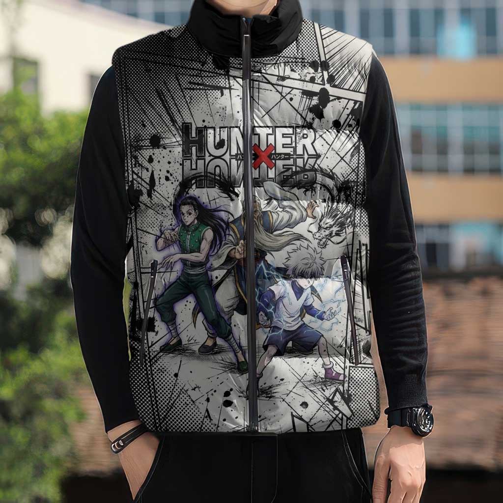 Killua Silva Illumi Team Design Sleeveless Puffer Jacket with Monochrome Graffiti Background and Hunter Association Symbols - The Mazicc