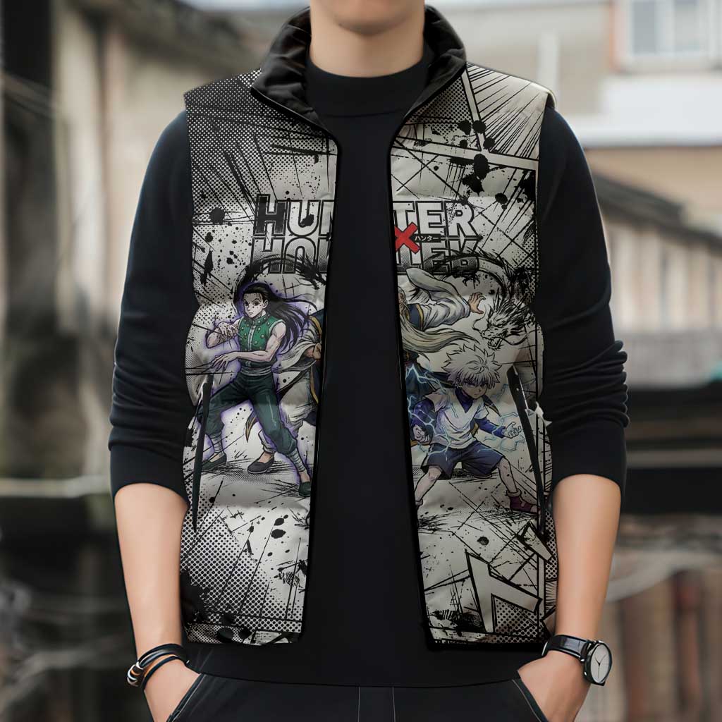 Killua Silva Illumi Team Design Sleeveless Puffer Jacket with Monochrome Graffiti Background and Hunter Association Symbols - The Mazicc