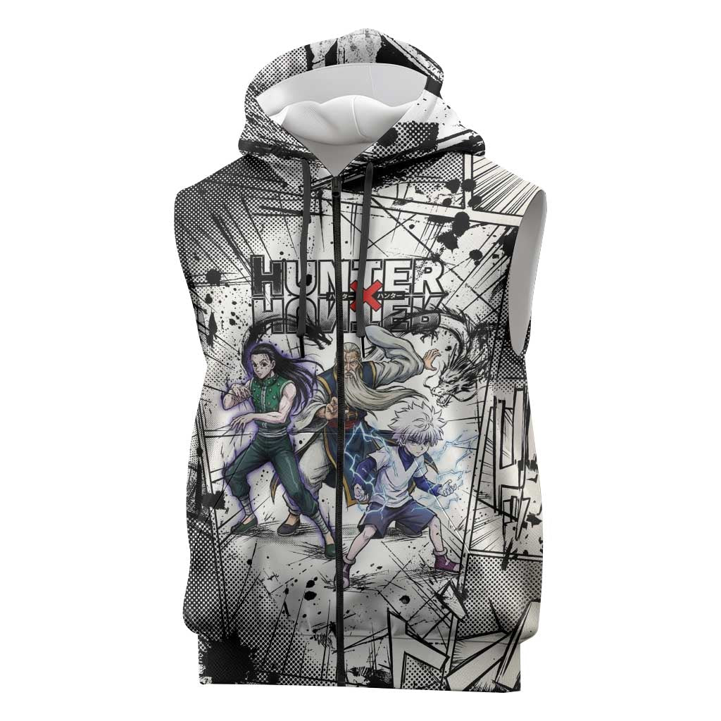 Killua Silva Illumi Team Design Sleeveless Zip Hoodie with Monochrome Graffiti Background and Hunter Association Symbols - The Mazicc