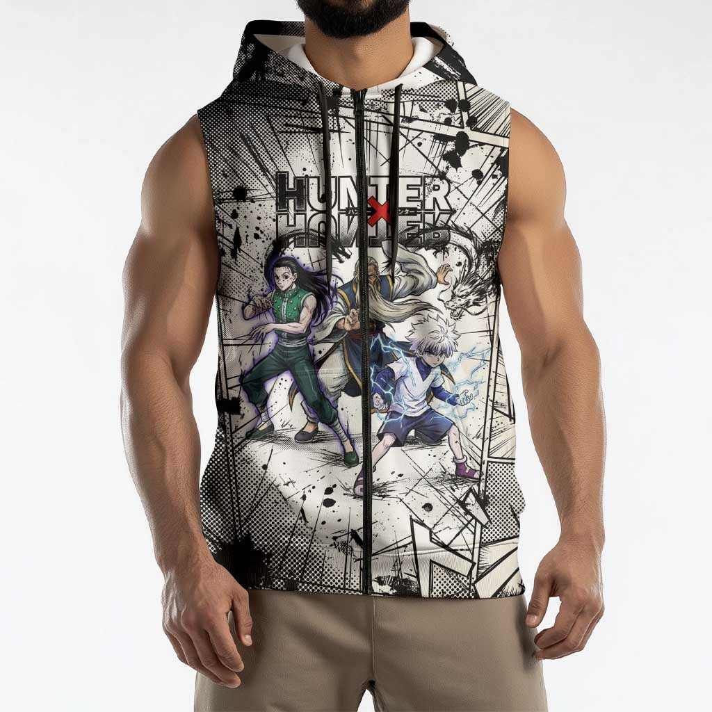 Killua Silva Illumi Team Design Sleeveless Zip Hoodie with Monochrome Graffiti Background and Hunter Association Symbols - The Mazicc