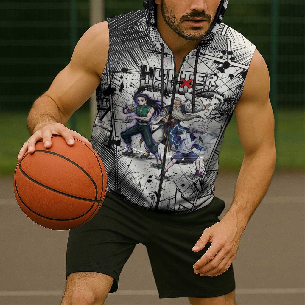 Killua Silva Illumi Team Design Sleeveless Zip Hoodie with Monochrome Graffiti Background and Hunter Association Symbols - The Mazicc