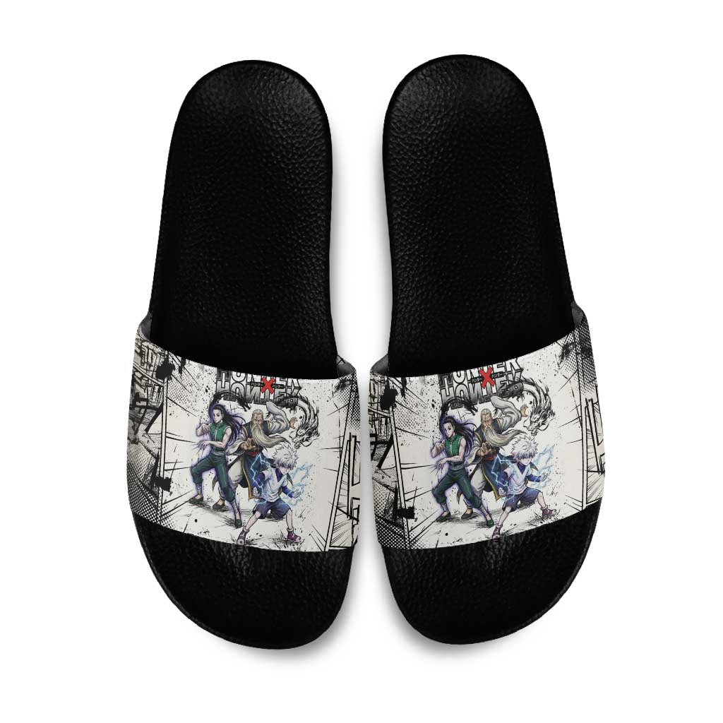 Killua Silva Illumi Team Design Slide Sandals with Monochrome Graffiti Background and Hunter Association Symbols - The Mazicc