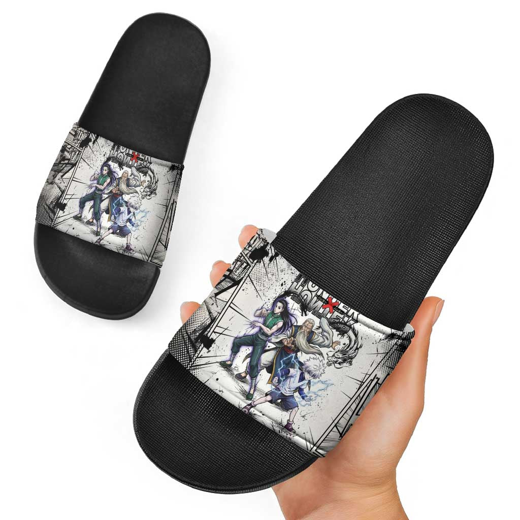 Killua Silva Illumi Team Design Slide Sandals with Monochrome Graffiti Background and Hunter Association Symbols - The Mazicc