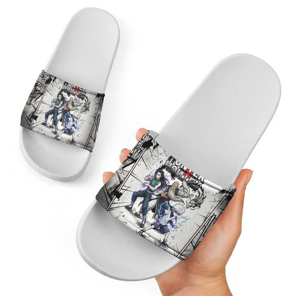 Killua Silva Illumi Team Design Slide Sandals with Monochrome Graffiti Background and Hunter Association Symbols - The Mazicc
