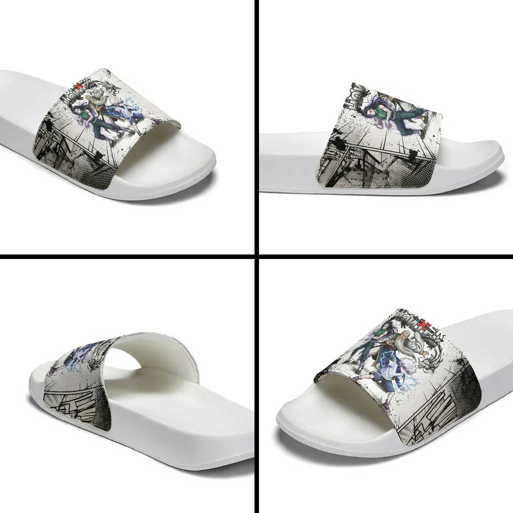 Killua Silva Illumi Team Design Slide Sandals with Monochrome Graffiti Background and Hunter Association Symbols - The Mazicc