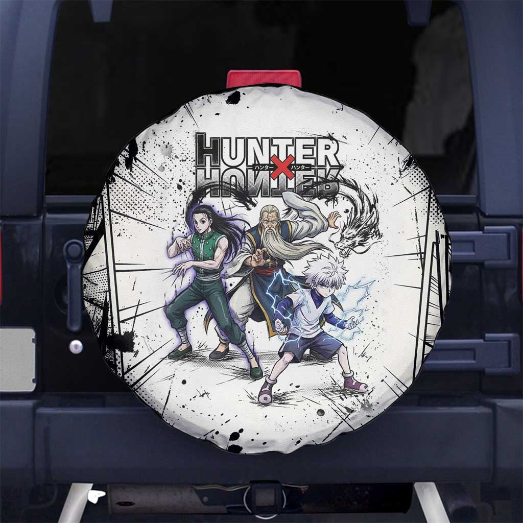 Killua Silva Illumi Team Design Spare Tire Cover with Monochrome Graffiti Background and Hunter Association Symbols - The Mazicc