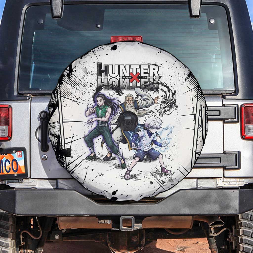 Killua Silva Illumi Team Design Spare Tire Cover with Monochrome Graffiti Background and Hunter Association Symbols - The Mazicc