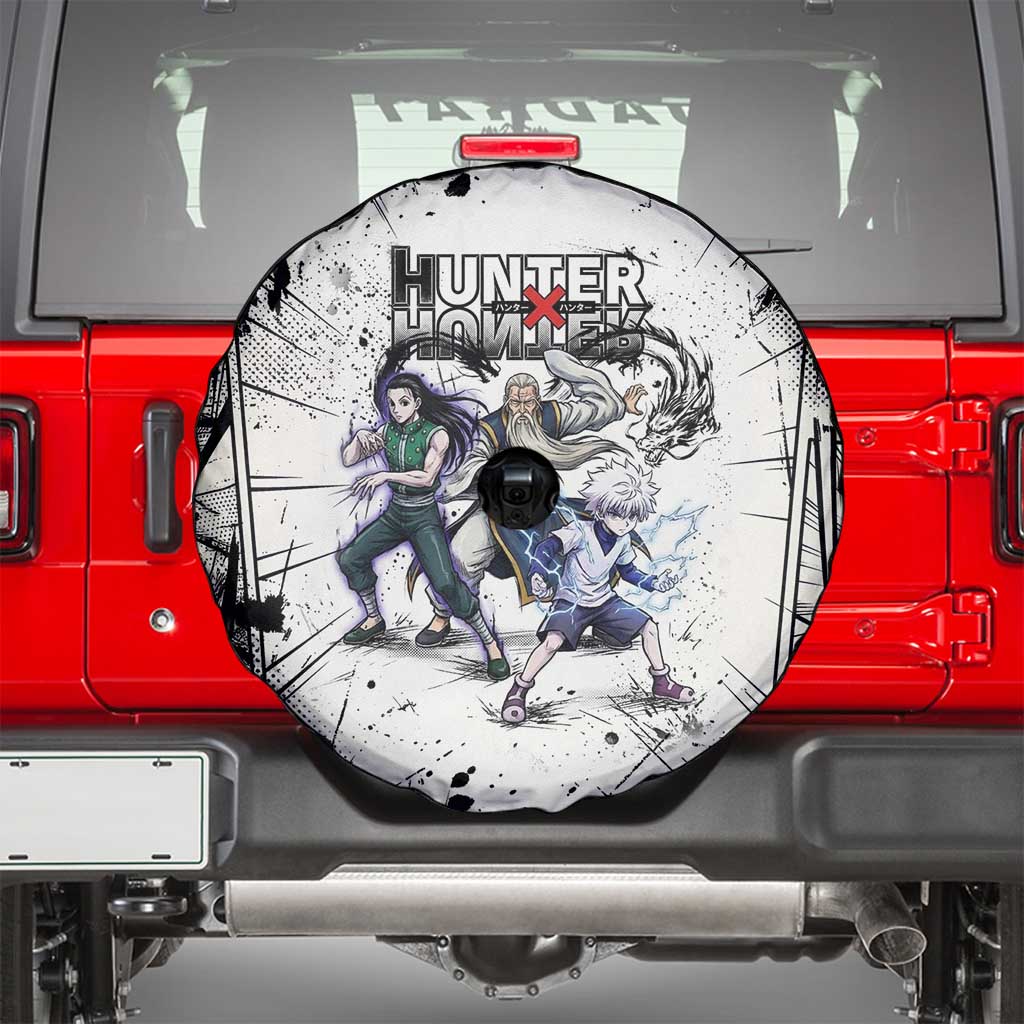 Killua Silva Illumi Team Design Spare Tire Cover with Monochrome Graffiti Background and Hunter Association Symbols - The Mazicc