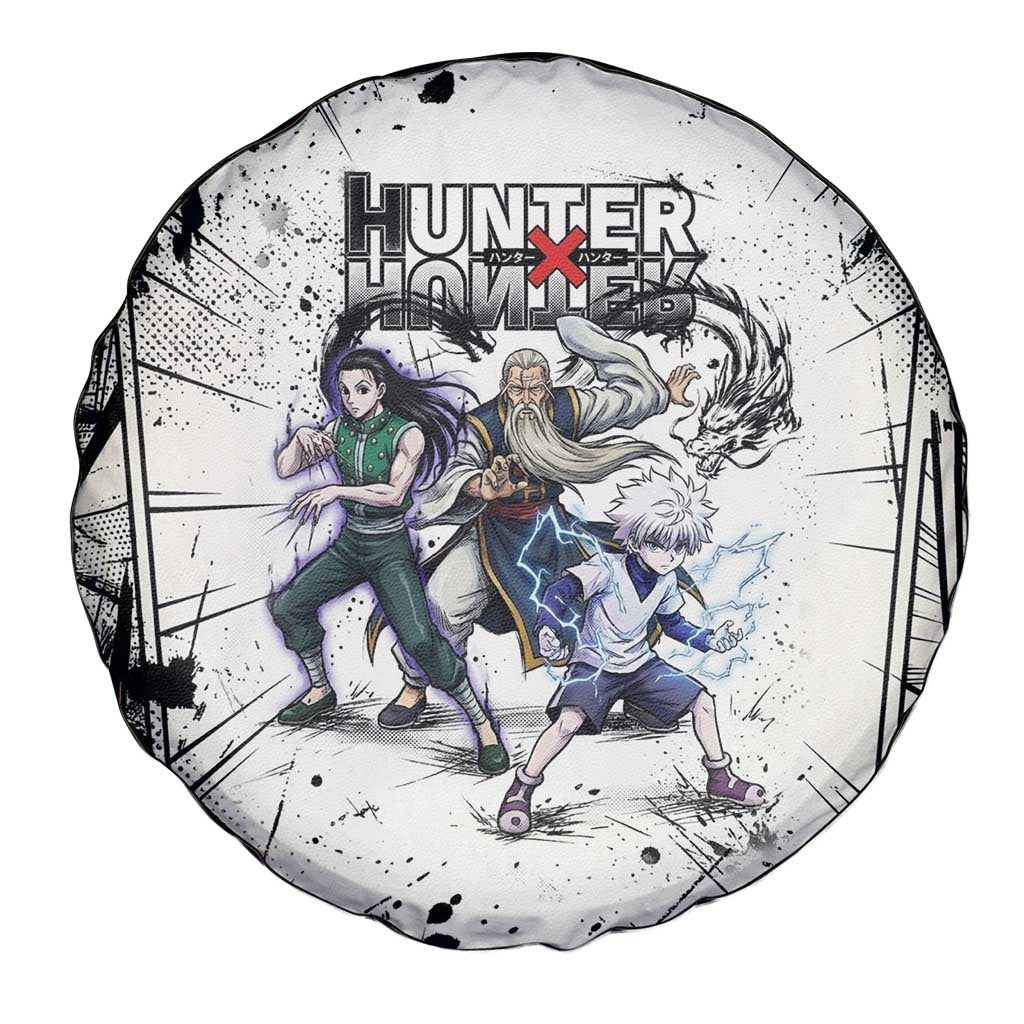Killua Silva Illumi Team Design Spare Tire Cover with Monochrome Graffiti Background and Hunter Association Symbols - The Mazicc