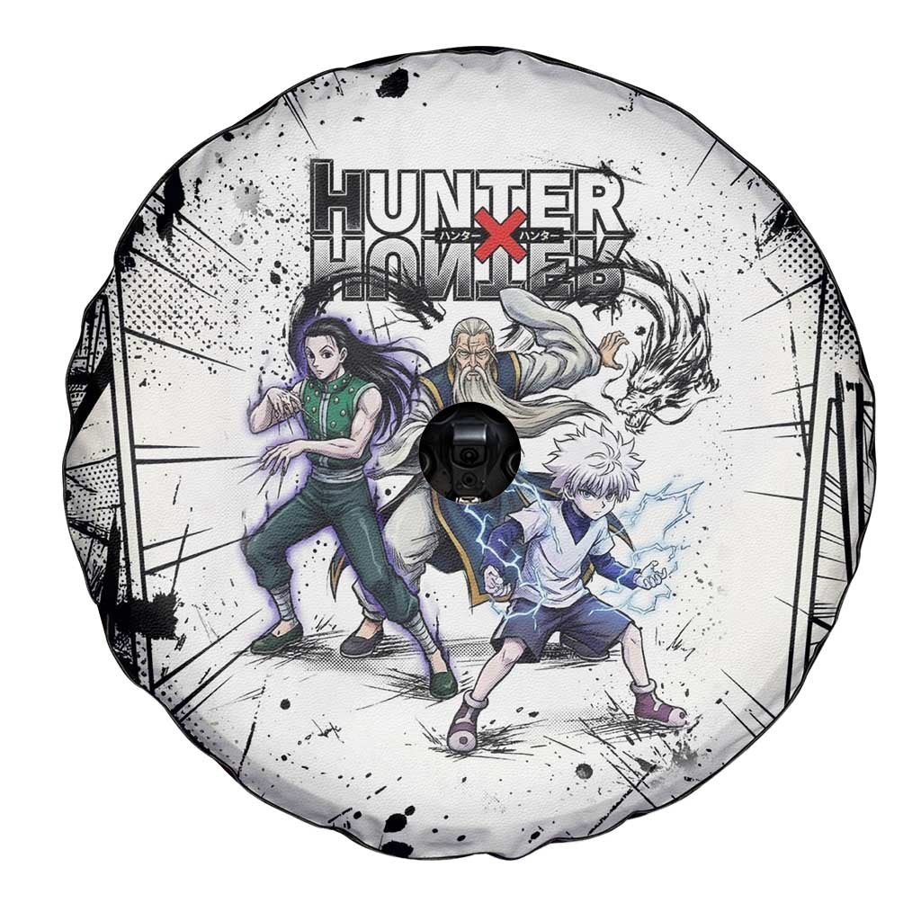 Killua Silva Illumi Team Design Spare Tire Cover with Monochrome Graffiti Background and Hunter Association Symbols - The Mazicc