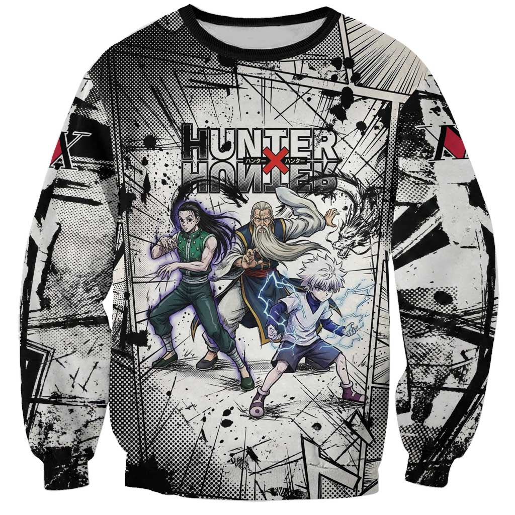 Killua Silva Illumi Team Design Sweatshirt with Monochrome Graffiti Background and Hunter Association Symbols - The Mazicc