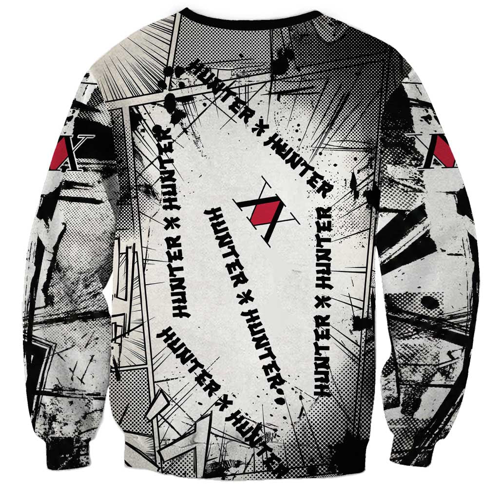 Killua Silva Illumi Team Design Sweatshirt with Monochrome Graffiti Background and Hunter Association Symbols - The Mazicc
