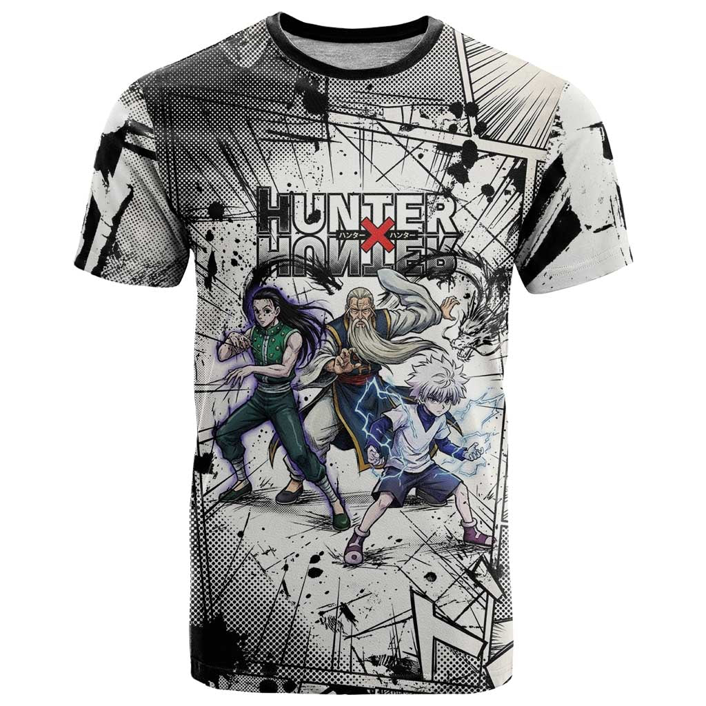 Killua Silva Illumi Team Design T Shirt with Monochrome Graffiti Background and Hunter Association Symbols - The Mazicc