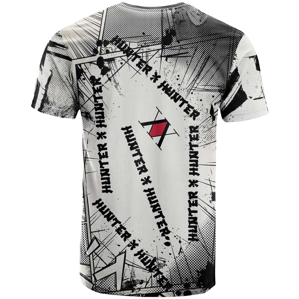 Killua Silva Illumi Team Design T Shirt with Monochrome Graffiti Background and Hunter Association Symbols - The Mazicc