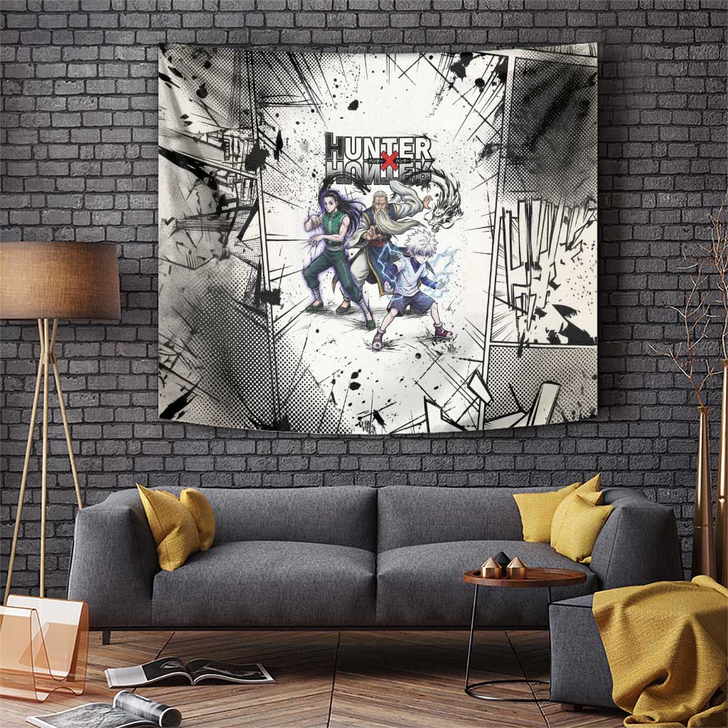 Killua Silva Illumi Team Design Tapestry with Monochrome Graffiti Background and Hunter Association Symbols - The Mazicc