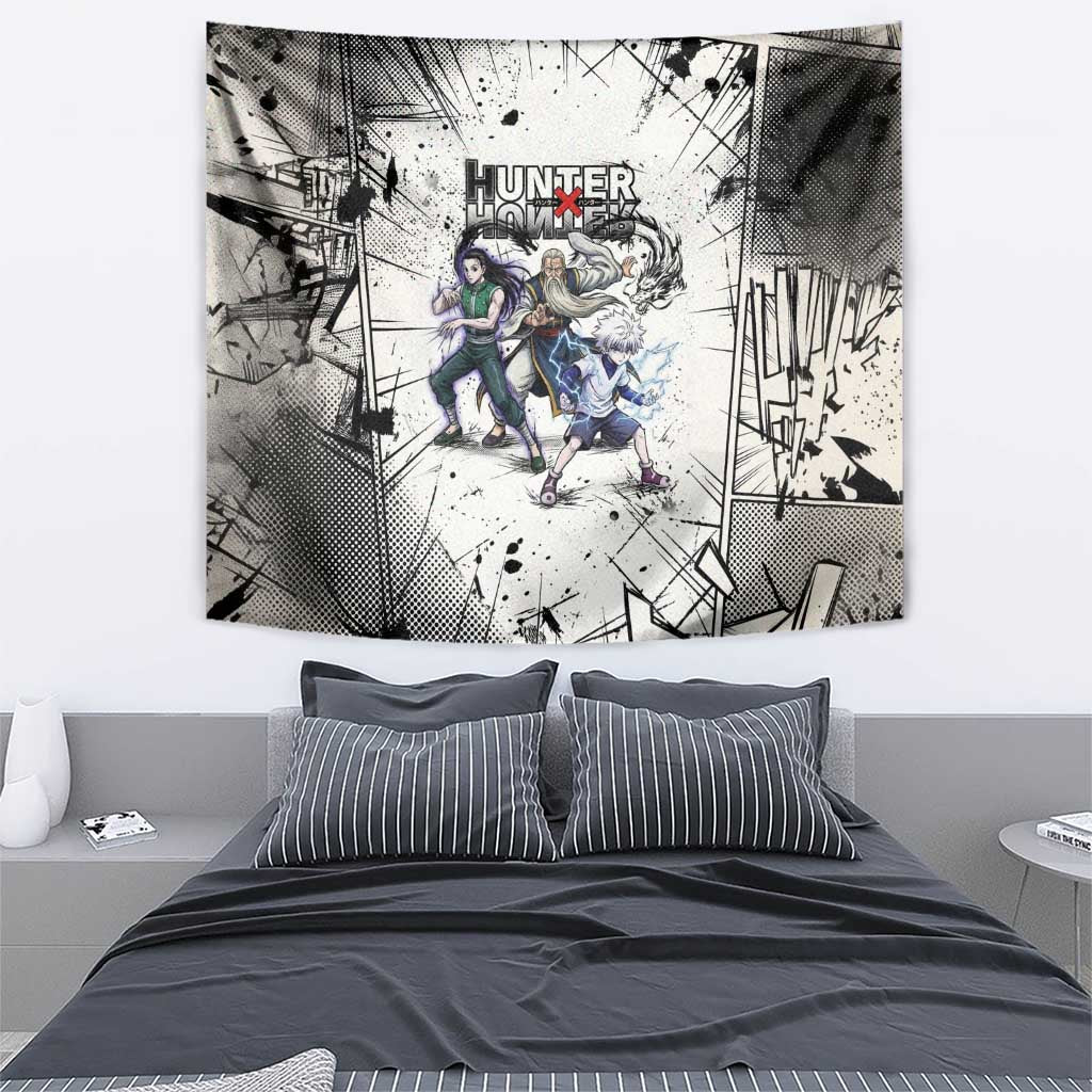 Killua Silva Illumi Team Design Tapestry with Monochrome Graffiti Background and Hunter Association Symbols - The Mazicc